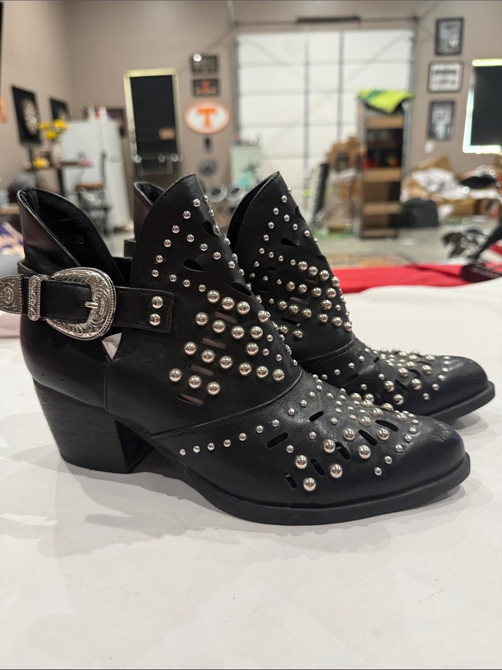 Black Studded Cutout Western-Inspired Ankle Bootie